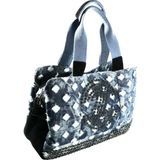 Biem Accessory Biem Lacivert-Beyaz Damalı Denim Salaş-Retro Taş Trok Döşemeli Çok Gözlü Çanta - --