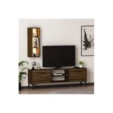 Bien Işıklı 2 Kapaklı Tv Ünitesi Ve Duvara Monte Led Işıklı Raf - Ceviz