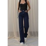 BİENAL BUTİK Kamelia Kadın 90's Salaş Likralı Kot Pantolon Kar Yıkama Likralı Palazzo Lacivert Yüksek Bel Jeans