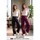 Big Most Kadın 2'li Set Oversize Oysho Modal Kumaş Beli Lastikli Cepli Günlük Eşofman Altı - Siyah - Bordo