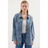 Bigdart 0694 Çift Cepli Kadın Oversize Denim Ceket Buz Mavi %100 Pamuklu Rahat Tasarım - Buz - Mavi - 36