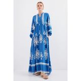 Bigdart 2423 Otantik Desenli Elbise - Beyaz - Indigo - 46 - İndigo - Beyaz