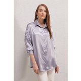 Bigdart 3985 Oversize Saten Lila Kadın Gömlek