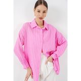 Bigdart Kadın Çizgili Oversize Gömlek 20293 - Pembe