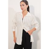 Bigdart Kadın Çizgili Oversize Gömlek 20408 - Beyaz