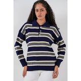Bigdart Kadın Çizgili Polo Yaka Triko Kazak 15952 - Lacivert - Standart