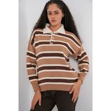 Bigdart Kadın Çizgili Polo Yaka Triko Kazak 15952 - Vizon - Standart