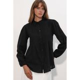 Bigdart Kadın Dokulu Oversize Keten Gömlek 20381 - Siyah