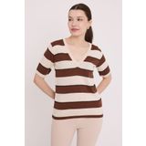 Bigdart Kadın Kahve Krem Çizgili Kısa Kol Bluz 15869