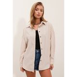 Bigdart Kadın Krem Siyah Çizgili Oversize Uzun Basic Gömlek 3900 - Krem - Siyah - 46