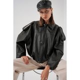 Bigdart Kadın Oversize Deri Ceket 1055 %50 Yün - %50 Akrilik Standart Kalıp Özellikleri ile Siyah - 36