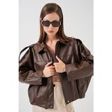 Bigdart Kadın Oversize Deri Ceket 1055 Kahverengi Uzun Kol Casual Stil Çift Cepli - Çok Renkli - 42