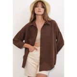 Bigdart Kadın Oversize Keten Gömlek 20338 - Kahverengi