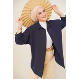 Bigdart Kadın Oversize Tesettür Gömlek – %70 Pamuk %30 Polyester, Uzun Kollu, Düz Desen Günlük Basic Tasarım - 36 - Lacivert