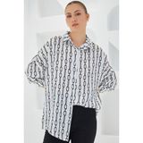 Bigdart Kadın Siyah Beyaz Desenli Oversize Saten Gömlek 3985 - 36 - 00100 Siyah