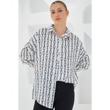 Bigdart Kadın Siyah Beyaz Desenli Oversize Saten Gömlek 3985