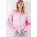 Bigdart Kadın Tek Cepli Çizgili Oversize Gömlek 20375 - Pembe - 44