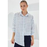 Bigdart Kadın Turkuaz Beyaz Desenli Oversize Saten Gömlek 3985 - 36