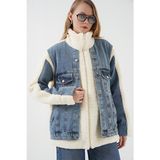 Bigdart Kadın Uzun Peluş Kot Mont Lacivert Renk Dik Yaka Tasarım Casual Stilde - L - XL
