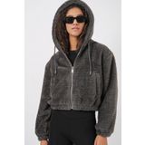 Bigdart Kapüşonlu Peluş Crop Antrasit Kadın Ceket 5193