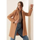 Bigdart Oversize Kadın Kaşe Kaban %100 Polyester Düz Desen Camel Renk Uzun Kollu - 38