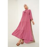 Bigdart Yaka Bağcıklı Tesettür Elbise %95 Polyester Düz Desen Kadın 136 cm Gül Kurusu - 42