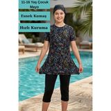 Bigiyin Kız Çocuk Kısa Kol Mayo Takımı Kız Çocuk Mayosu Desenli Tunik, Tayt ve Bone 3'lü Set - 001-Pembe - 11 - 12 Yaş