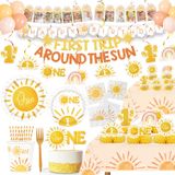 BIGKEOKI First Trip Inspired Around The Sun Doğum Günü Süslemeleri 102 adet Boho Sun 1. Doğum Günü Kağıt Tabaklar Peçeteler Bardaklar ve Masa Örtüsü You Are My Sunshine Parti Malzemeleri Boho Güneş 1. Doğum