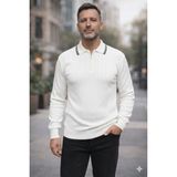Bigümex Erkek Çizgili Polo Yaka Fermuarlı Sweatshirt - Beyaz
