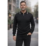 Bigümex Erkek Çizgili Polo Yaka Fermuarlı Sweatshirt - Siyah