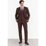 Bihan Store Erkek 6 Drop Yelekli Takım Elbise - Ceket Pantolon ve Yelek 63141 - Kahverengi - 50