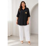 Bihan Store Kadın Katlanabilir Kollu Altın Yaprak Aksesuarlı Gömlek Tunik Y26-8108-SIYAH