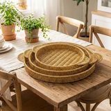 Biishe® Iç Içe Geçebilen 3’lü Yuvarlak Plastik Rattan Tepsi Seti–hasır Görünümlü Çok Amaçlı Servis ve Sunum Tepsileri - 3 Adet