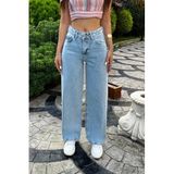 Bikelife Açık Mavi Kar Yıkama Yüksek Bel Wide Leg Jeans, 36, BKL000001114, Açık mavi, Kadın