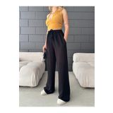 BİKELİFE Kadın Keten Beli Lastik Bağlamalı Yüksek Bel Geniş Kesim Cepli Yazlık Pantolon siyah XL