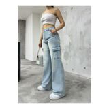 BİKELİFE Kadın Soluk Efekt Vintage Yüksek Bel Wide Leg Kargo Pantolon buz mavi 42