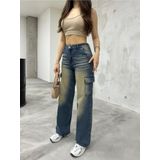 BİKELİFE Kadın Soluk Efekt Vintage Yüksek Bel Wide Leg Kargo Pantolon koyu mavi 34