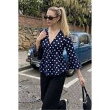 BILDEŞA Kruvaze Yaka Lacivert Puantiyeli Peplum Bluz
