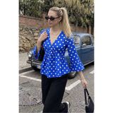 BILDEŞA Kruvaze Yaka Mavi Puantiyeli Peplum Bluz