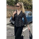 BILDEŞA Kruvaze Yaka Siyah Puantiyeli Peplum Bluz