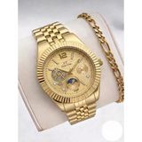 Bileklik Hediyeli Erkek Saat Takvimli Gold Kordon Analog Lüks Tasarım Erkek Kol Saati Swt02
