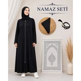 Bilenler Kadın Namaz Seti Fermuarlı Viskon Namaz Elbisesi Örtü Inci Tesbih Seccade M1001 - 46 - 48 - Siyah
