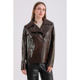 Billie Kadın Deri Biker Ceket - Fındık - 2XL