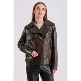 Billie Kadın Deri Biker Ceket - Fındık - 3XL