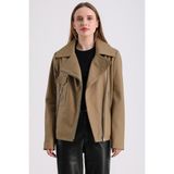 Billie Kadın Deri Biker Ceket - Kahverengi - 4XL