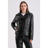 Billie Kadın Deri Biker Ceket - Siyah - 3XL