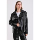 Billie Kadın Deri Biker Ceket - Siyah - M