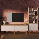 Bimossa G4220 Terra Sepet-Kumtaşı Kitaplıklı Tv Ünitesi Seti, 180 cm Tv Sehpası ve Kapaklı Kitaplık Takımı - Ahşap - Bej
