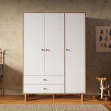 Bimossa KG3010 Bunny Sepet-Beyaz 120 Cm, 3 Kapaklı Gardırop, 2 Çekmeceli Yüksek Ayaklı Çocuk Odası Gardırobu - Ahşap - Beyaz