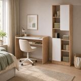 Bimossa T2110 Daffy Çalışma Masası ve Kitaplık Takımı Sepet-Beyaz Raflı Masa ve 2 Kapaklı 9 Bölmeli Kitaplık - 183x178x58 - Ahşap - Beyaz